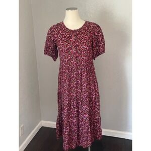 Old Navy Floral Midi Dress Womens Small Burgundy Pink Ditsy Puff Sleeve Tiered